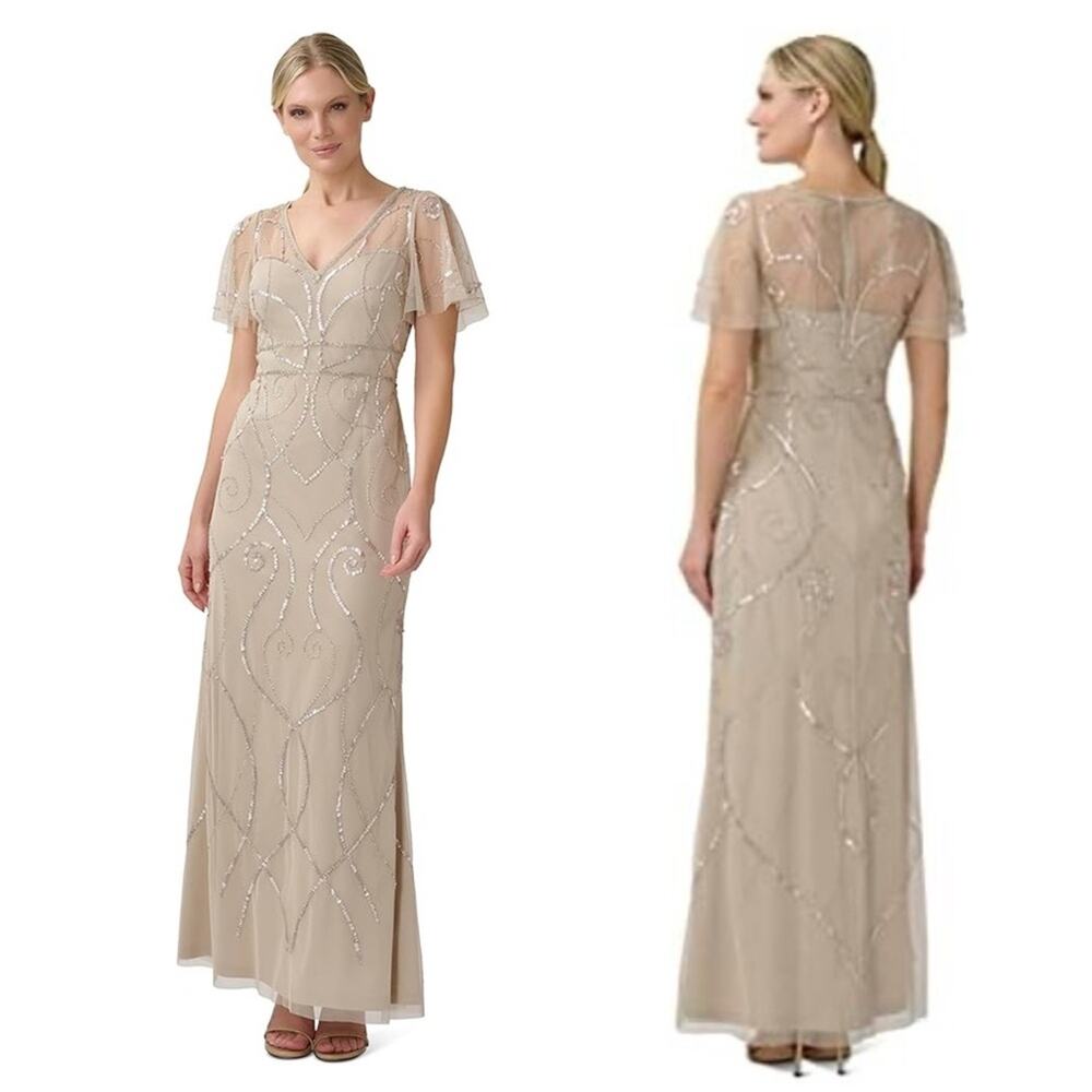 NWT Adrianna Papell Studio Beaded Sequin Long Gown Dress Biscotti Sz‎ 12